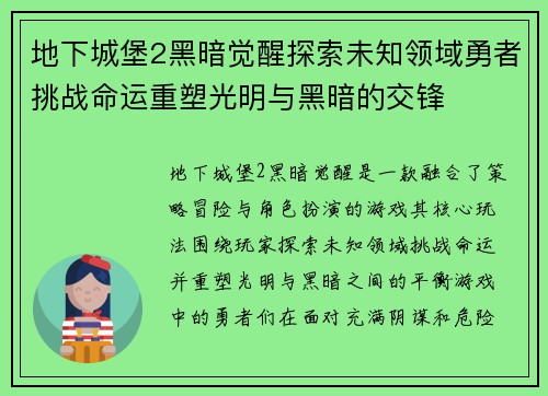 地下城堡2黑暗觉醒探索未知领域勇者挑战命运重塑光明与黑暗的交锋